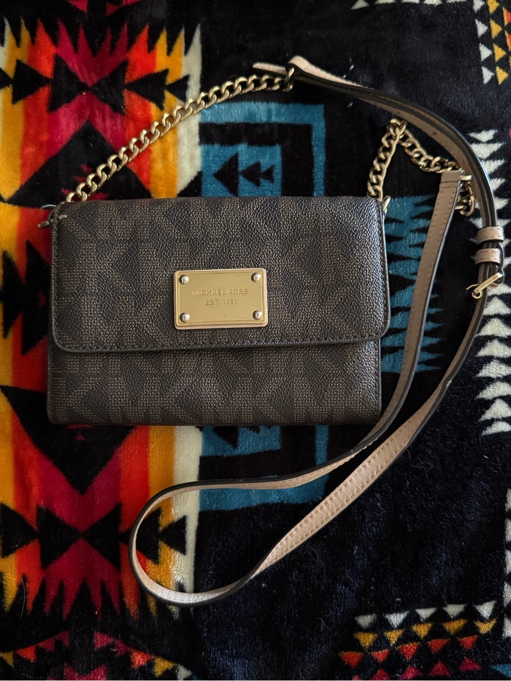 Michael Kors Dark Brown MK Logo Crossbody with Gold Hardware